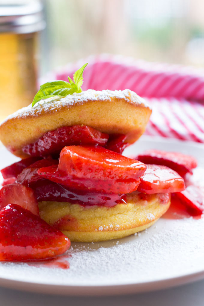 A gluten free strawberry shortcake with a cornbread cake that's been soaked with a homemade basil syrup. Easy to make even easier to eat!